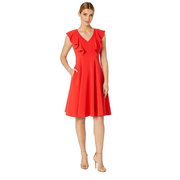 Maggy London Fit&Flare Ruffle Shoulder V-Neck Dress Red Size 10 - Picture 1 of 1